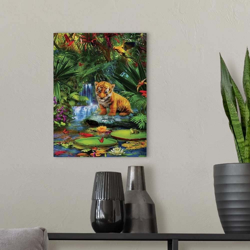 A modern room featuring Whimsy illustration of a tiger cub sitting by a waterfall in the jungle.