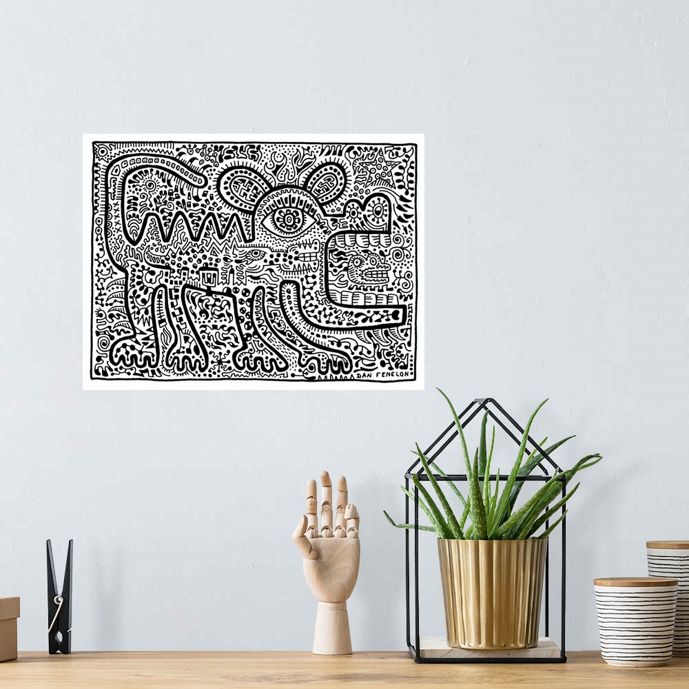 A bohemian room featuring Contemporary abstract artwork in an urban art style of a lizard filled in with tons of intricate ...