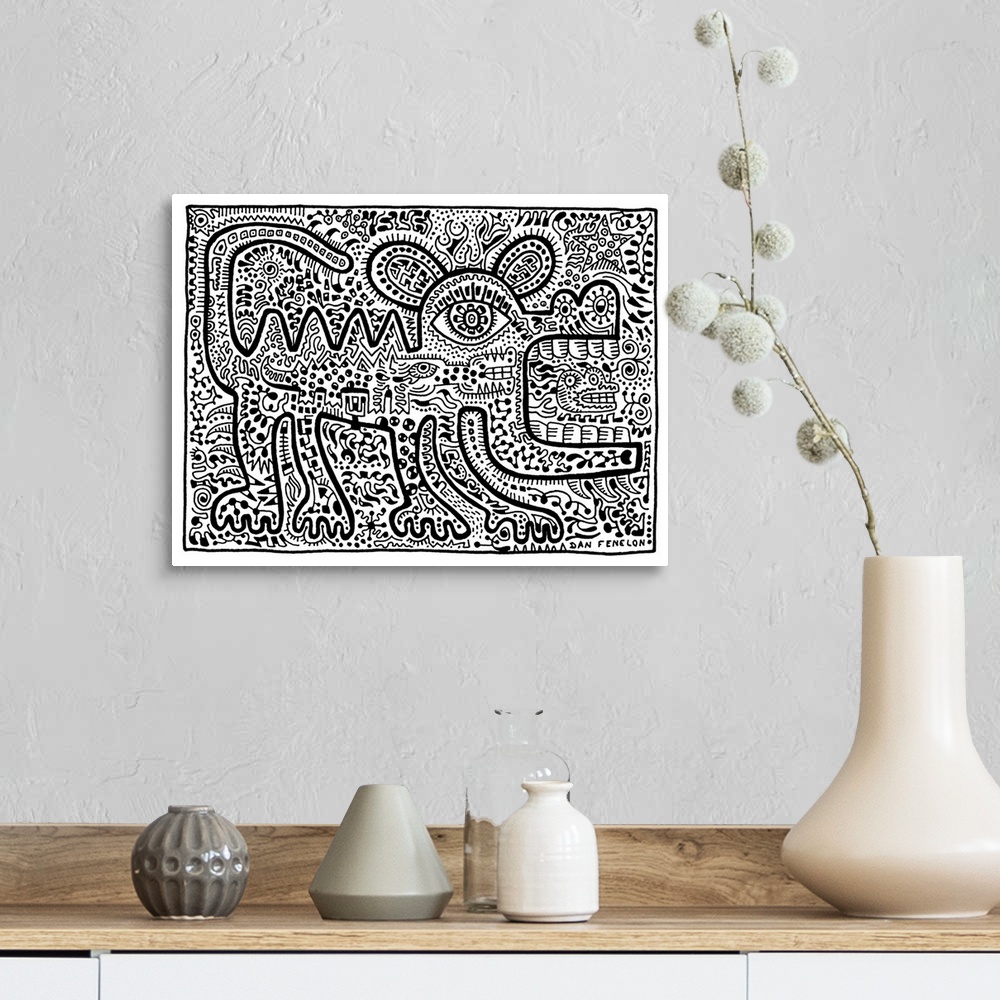 A farmhouse room featuring Contemporary abstract artwork in an urban art style of a lizard filled in with tons of intricate ...