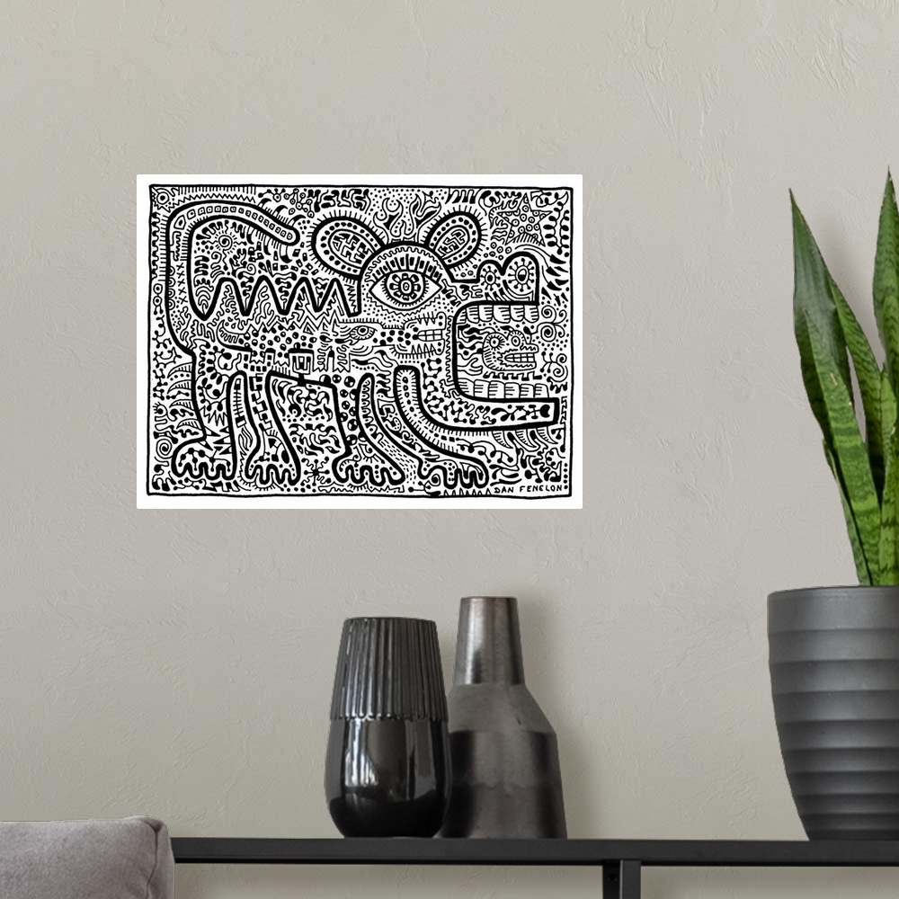 A modern room featuring Contemporary abstract artwork in an urban art style of a lizard filled in with tons of intricate ...