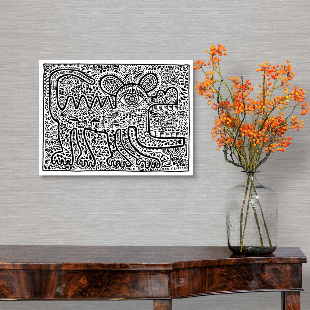 A traditional room featuring Contemporary abstract artwork in an urban art style of a lizard filled in with tons of intricate ...