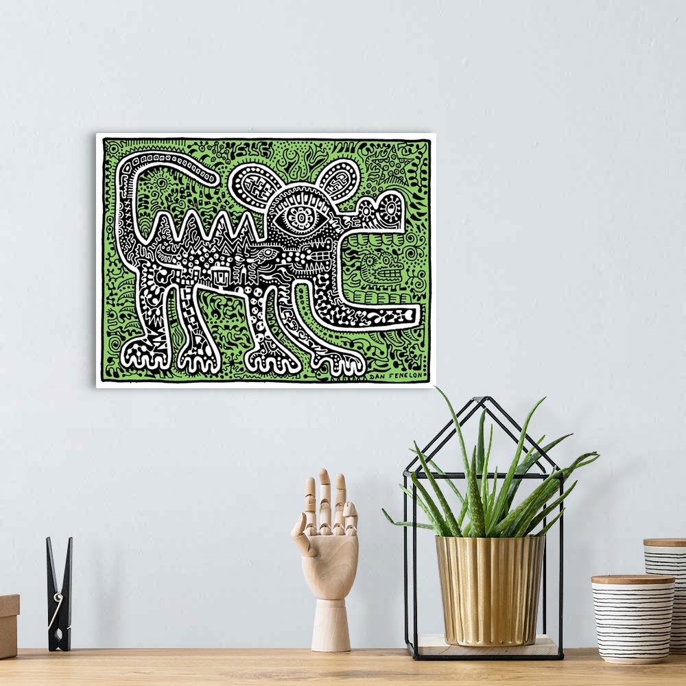 A bohemian room featuring Contemporary abstract artwork in an urban art style of a lizard filled in with tons of intricate ...