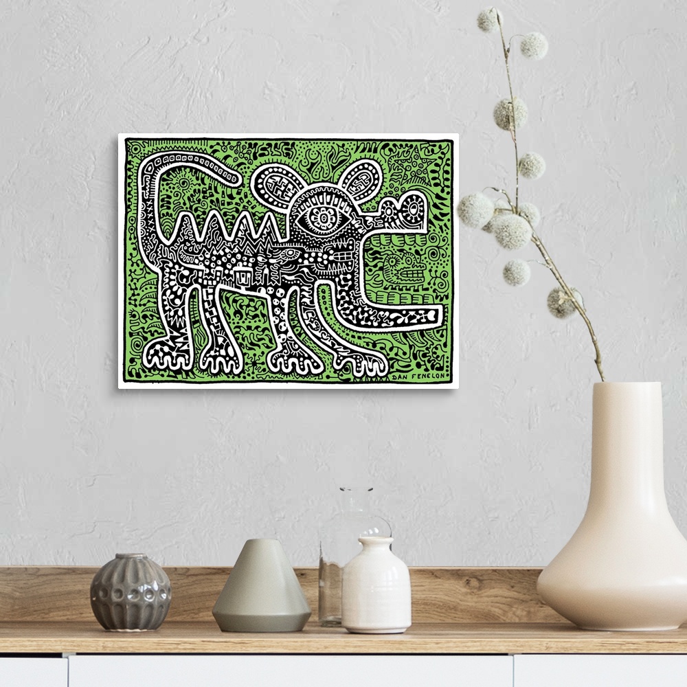 A farmhouse room featuring Contemporary abstract artwork in an urban art style of a lizard filled in with tons of intricate ...