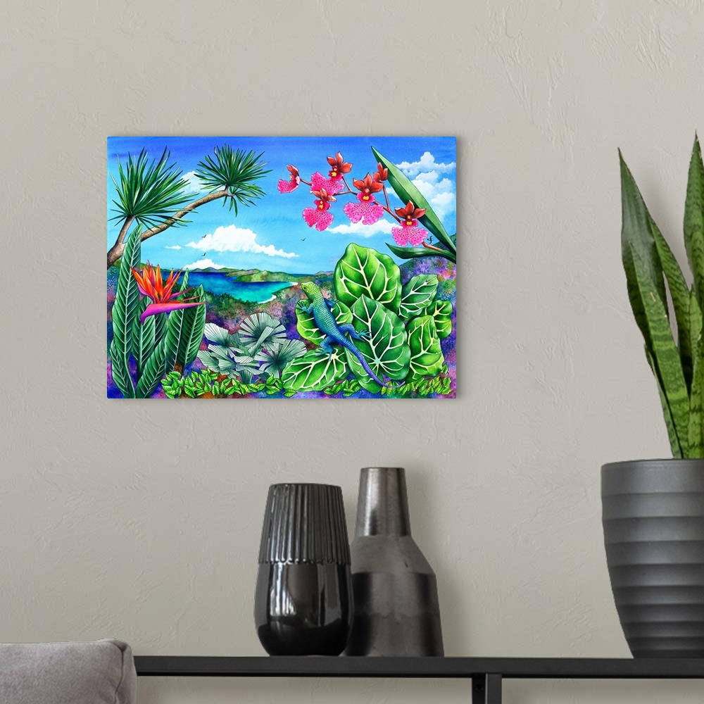 A modern room featuring Contemporary tropical themed artwork with use of bright and vibrant colors.