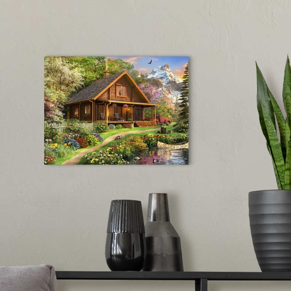 A modern room featuring Illustration of a log Cabin somewhere in North America.