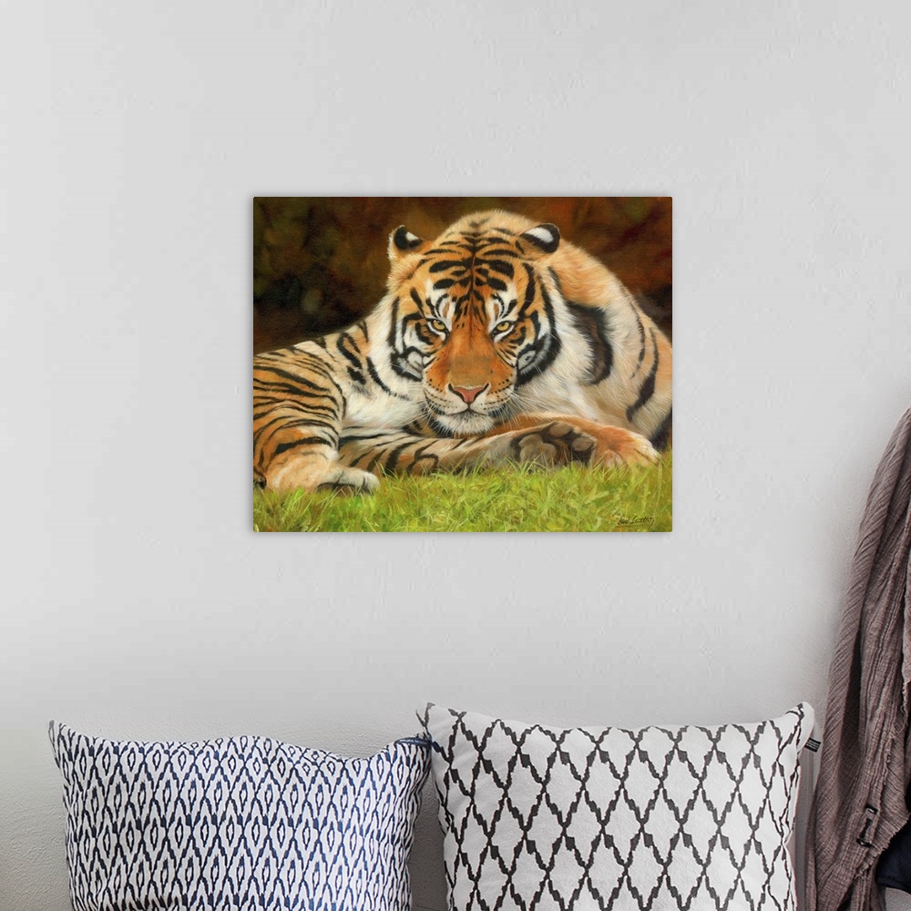A bohemian room featuring Painting of a tiger laying on the grass looking proud and majestic.