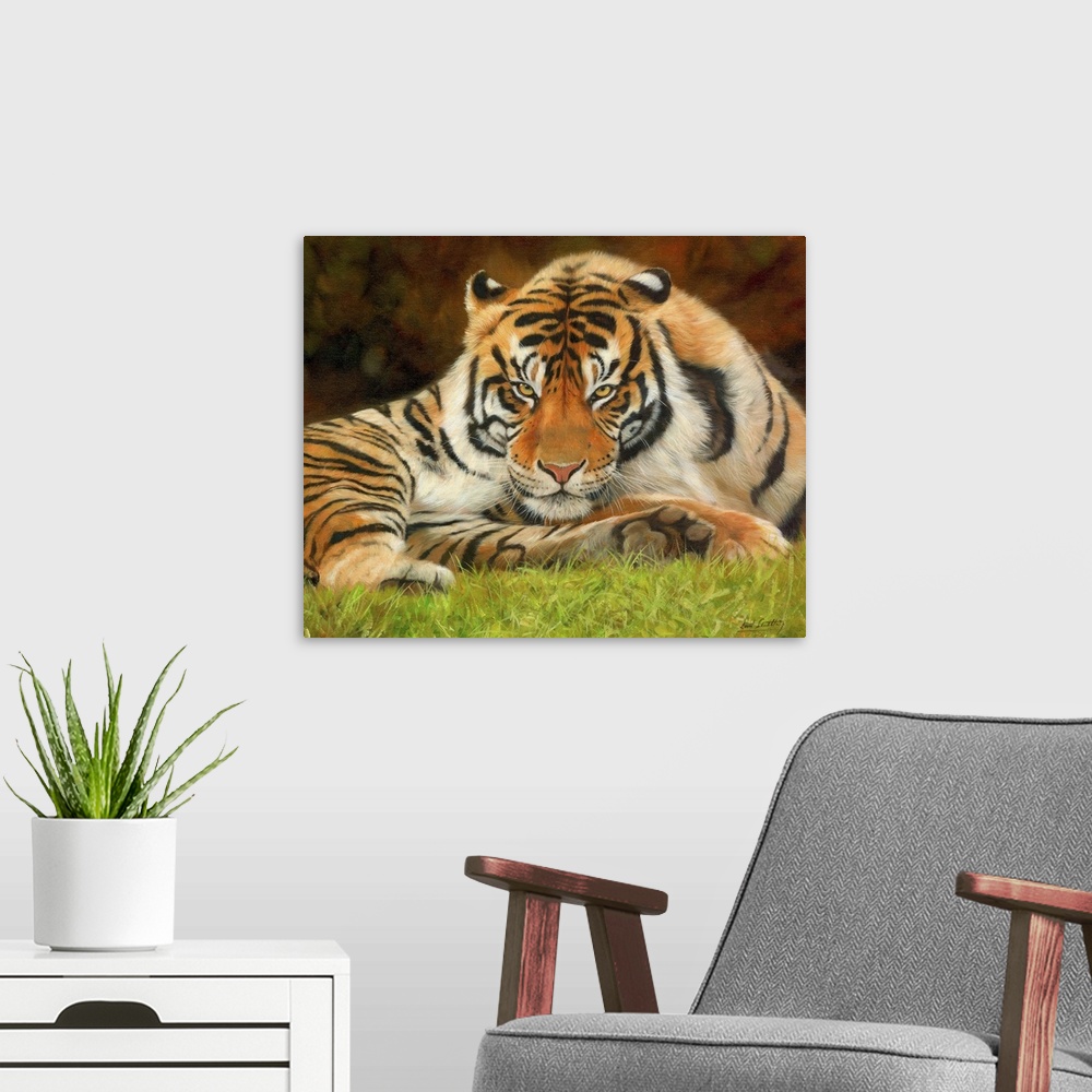 A modern room featuring Painting of a tiger laying on the grass looking proud and majestic.