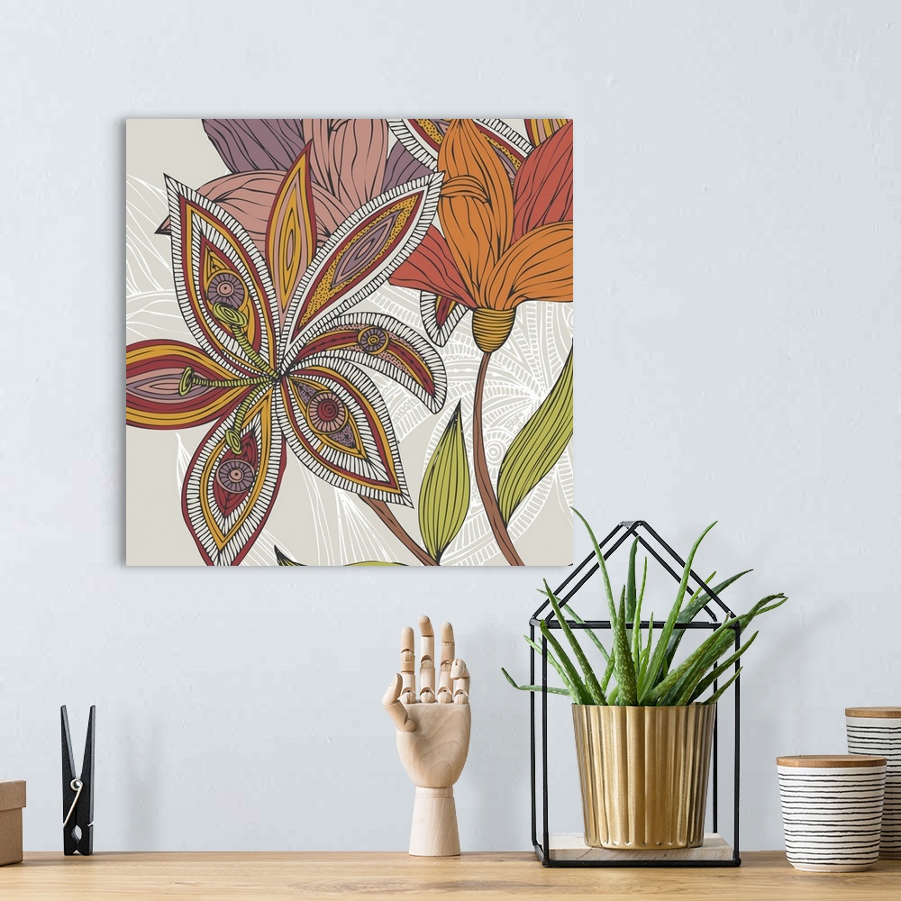 A bohemian room featuring Square abstract painting on canvas of brightly colored flowers outlined in black.