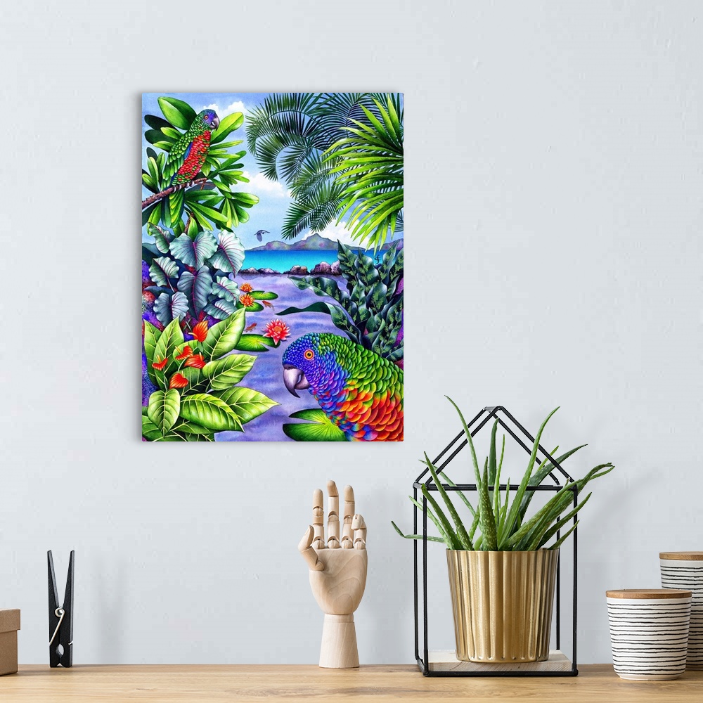 A bohemian room featuring Contemporary tropical themed artwork with use of bright and vibrant colors.