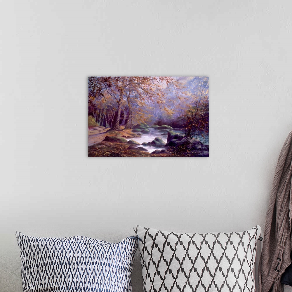 A bohemian room featuring Contemporary artwork of a forest river clearing bathed in a light fog.