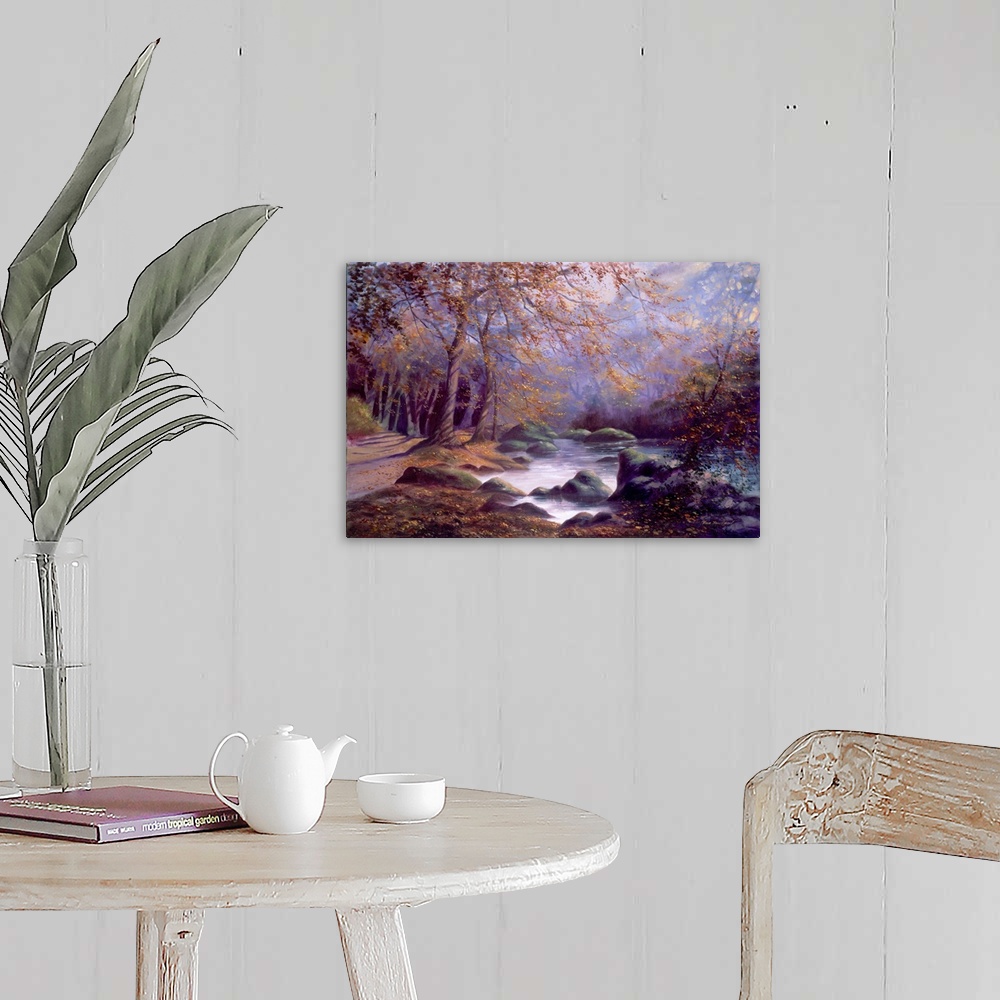 A farmhouse room featuring Contemporary artwork of a forest river clearing bathed in a light fog.
