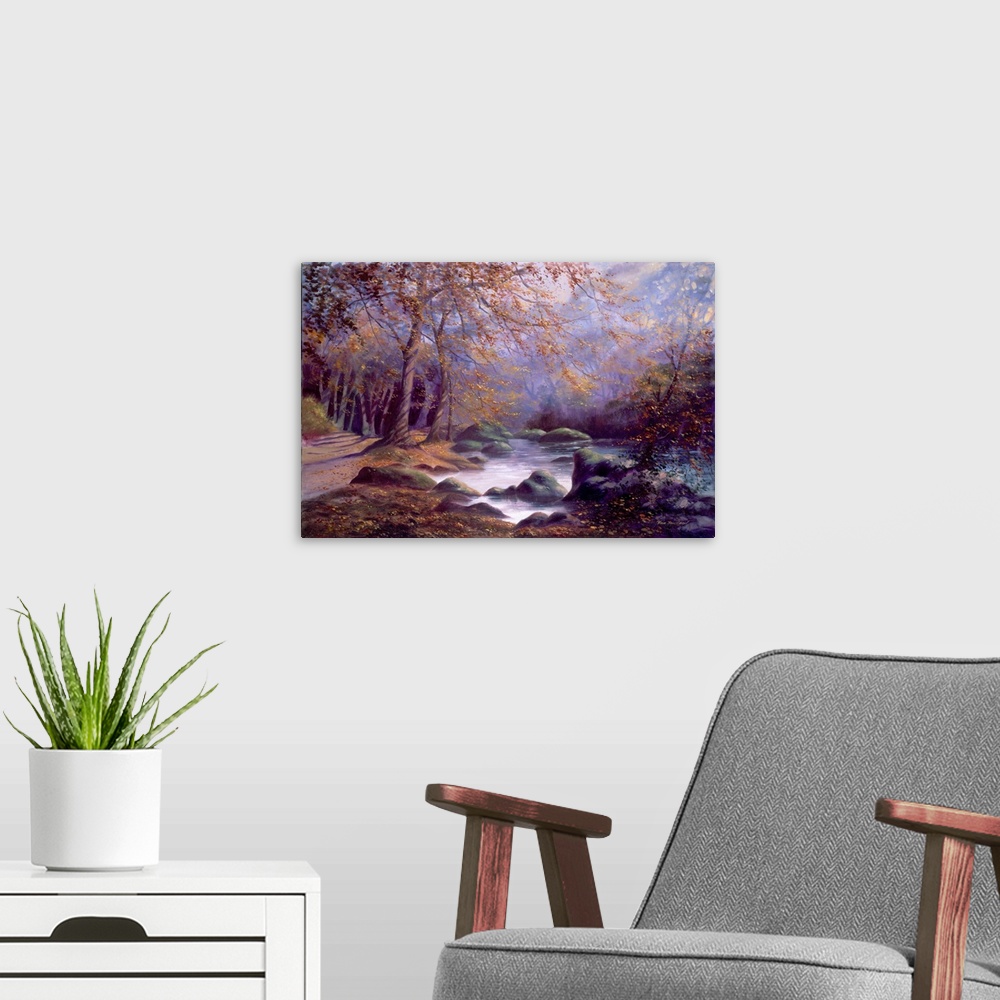 A modern room featuring Contemporary artwork of a forest river clearing bathed in a light fog.