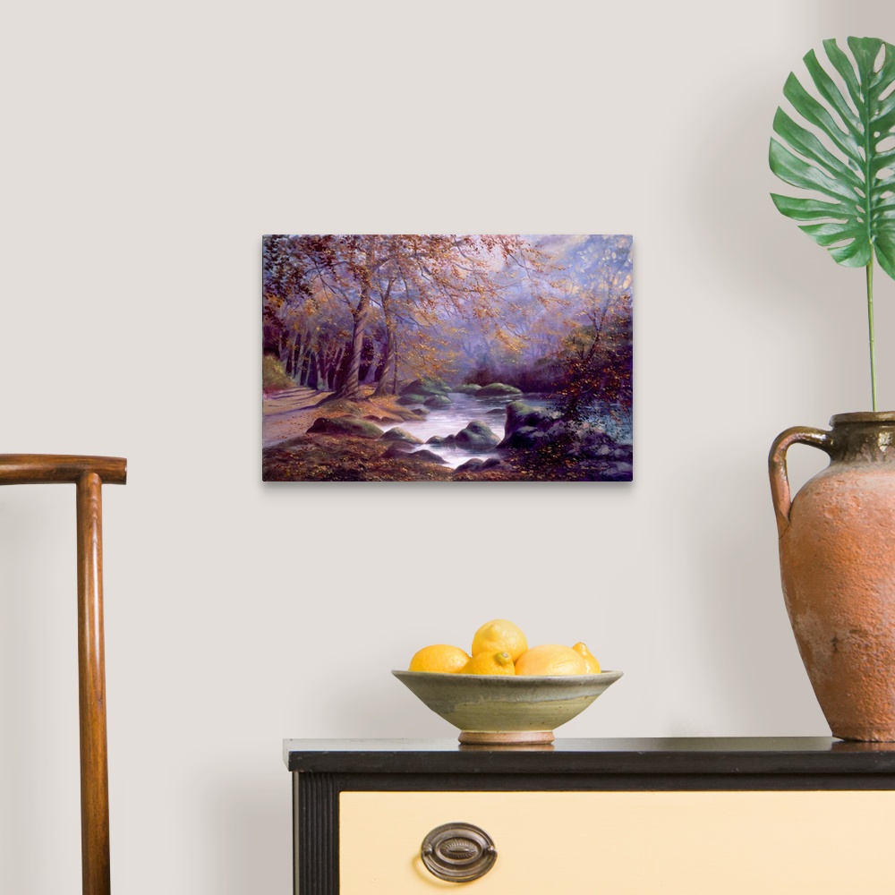 A traditional room featuring Contemporary artwork of a forest river clearing bathed in a light fog.