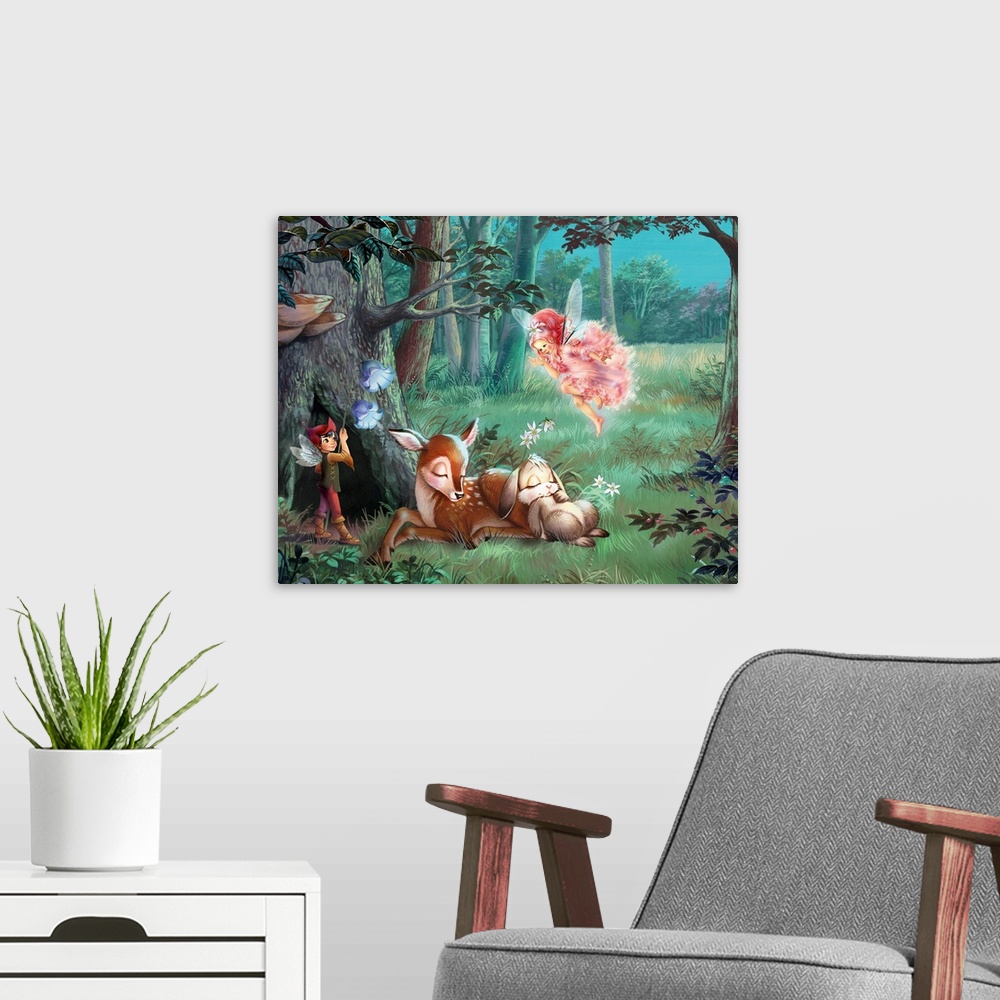 A modern room featuring Horizontal artwork on a big canvas of a fawn and a rabbit, sleeping together near a large tree at...