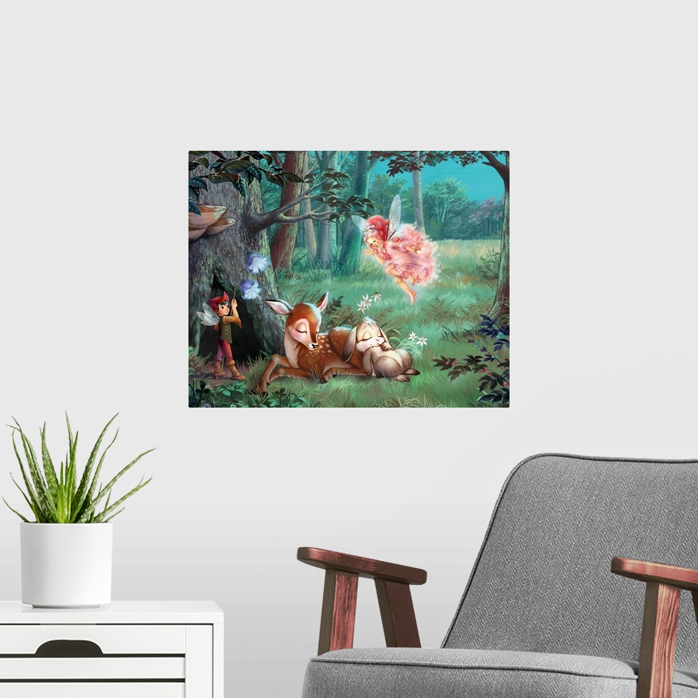 A modern room featuring Horizontal artwork on a big canvas of a fawn and a rabbit, sleeping together near a large tree at...