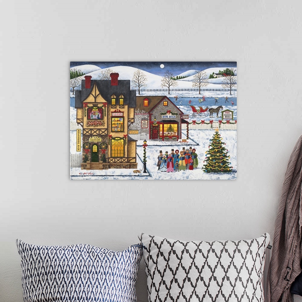 A bohemian room featuring Americana scene of carolers singing outside shops at Christmas in the snow.