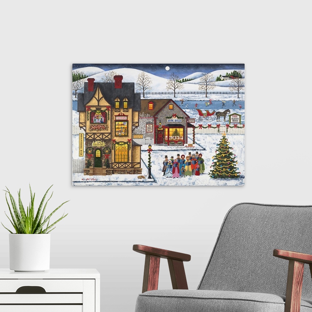 A modern room featuring Americana scene of carolers singing outside shops at Christmas in the snow.