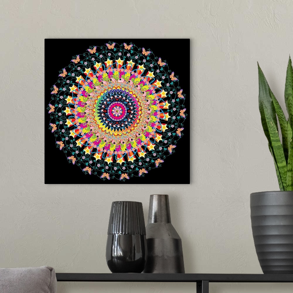 A modern room featuring abstract, bright, mandala