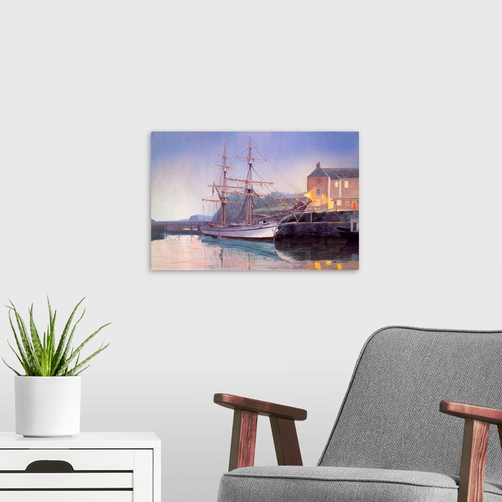 A modern room featuring Painting of of an old naval vessels resting on the shore.