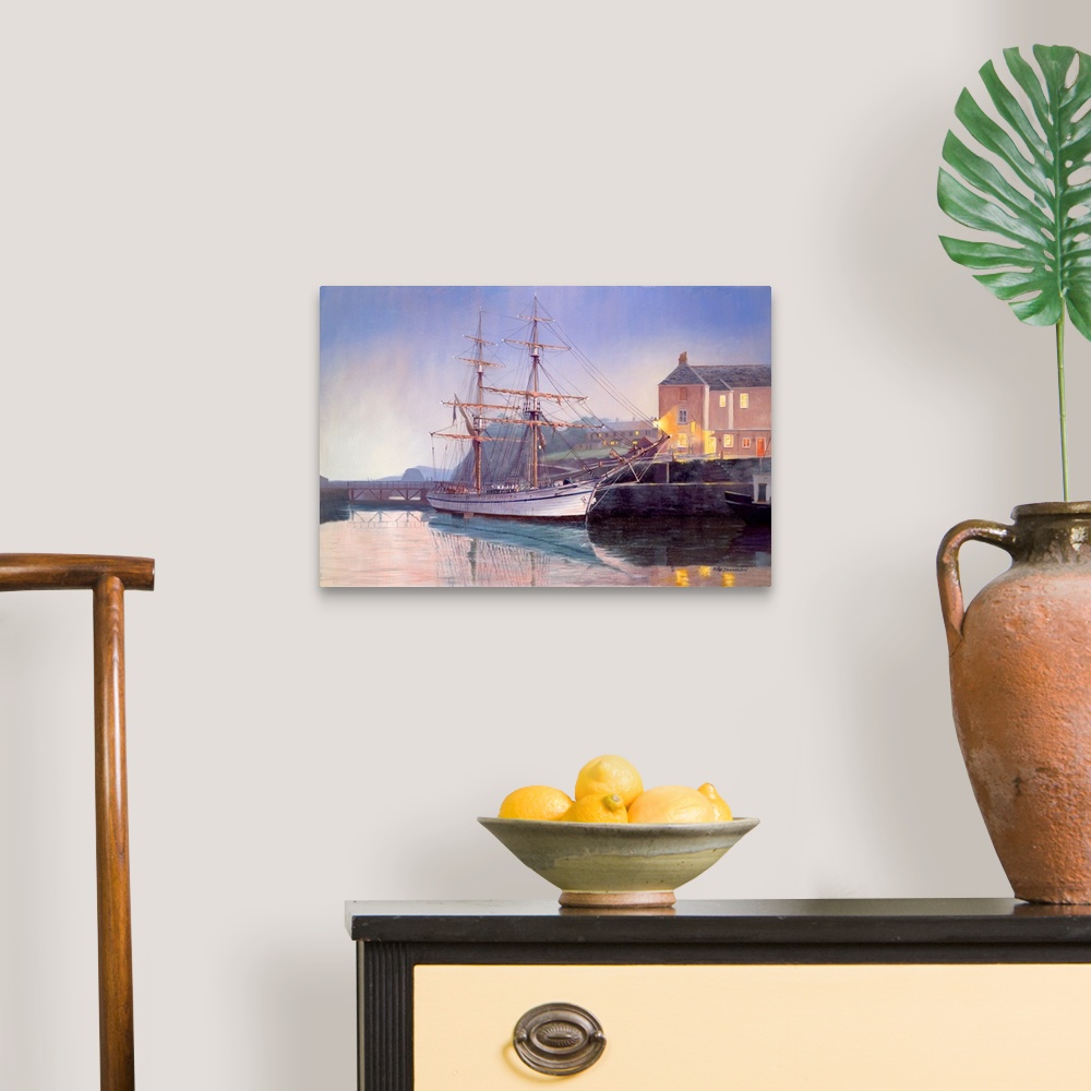 A traditional room featuring Painting of of an old naval vessels resting on the shore.