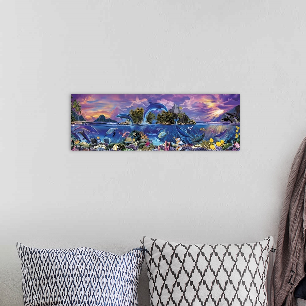 A bohemian room featuring A painting of marine life, such as dolphins, sea turtles, and tropical fish, collaged together us...