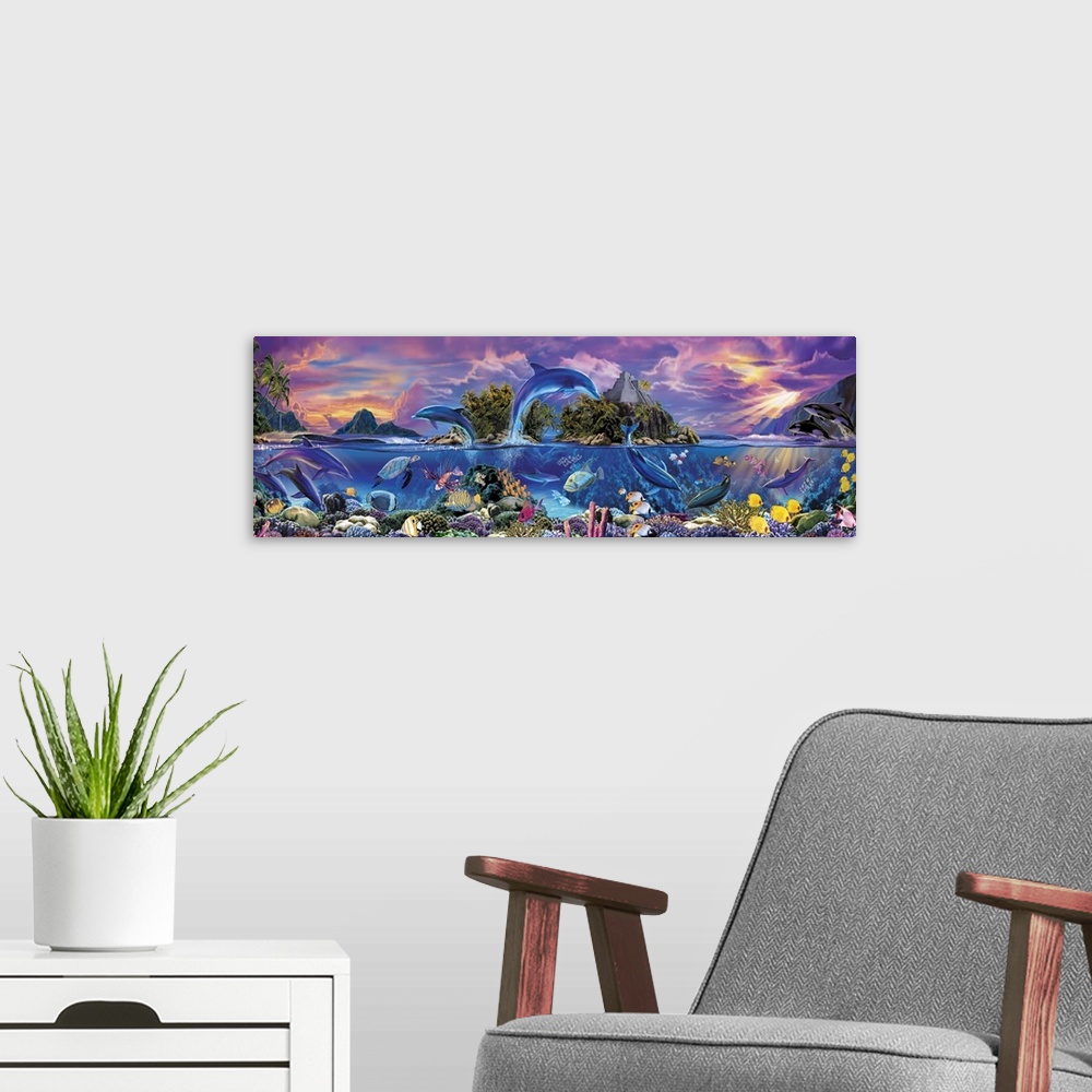 A modern room featuring A painting of marine life, such as dolphins, sea turtles, and tropical fish, collaged together us...