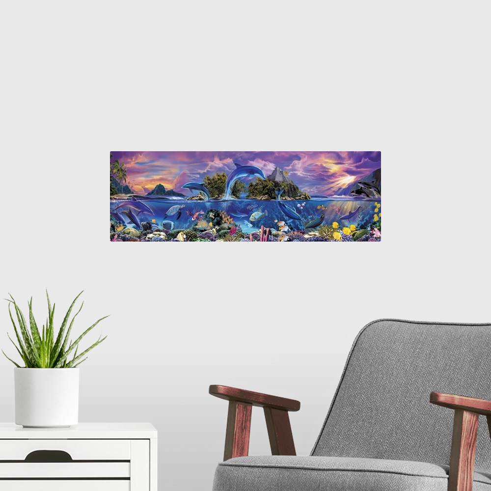 A modern room featuring A painting of marine life, such as dolphins, sea turtles, and tropical fish, collaged together us...
