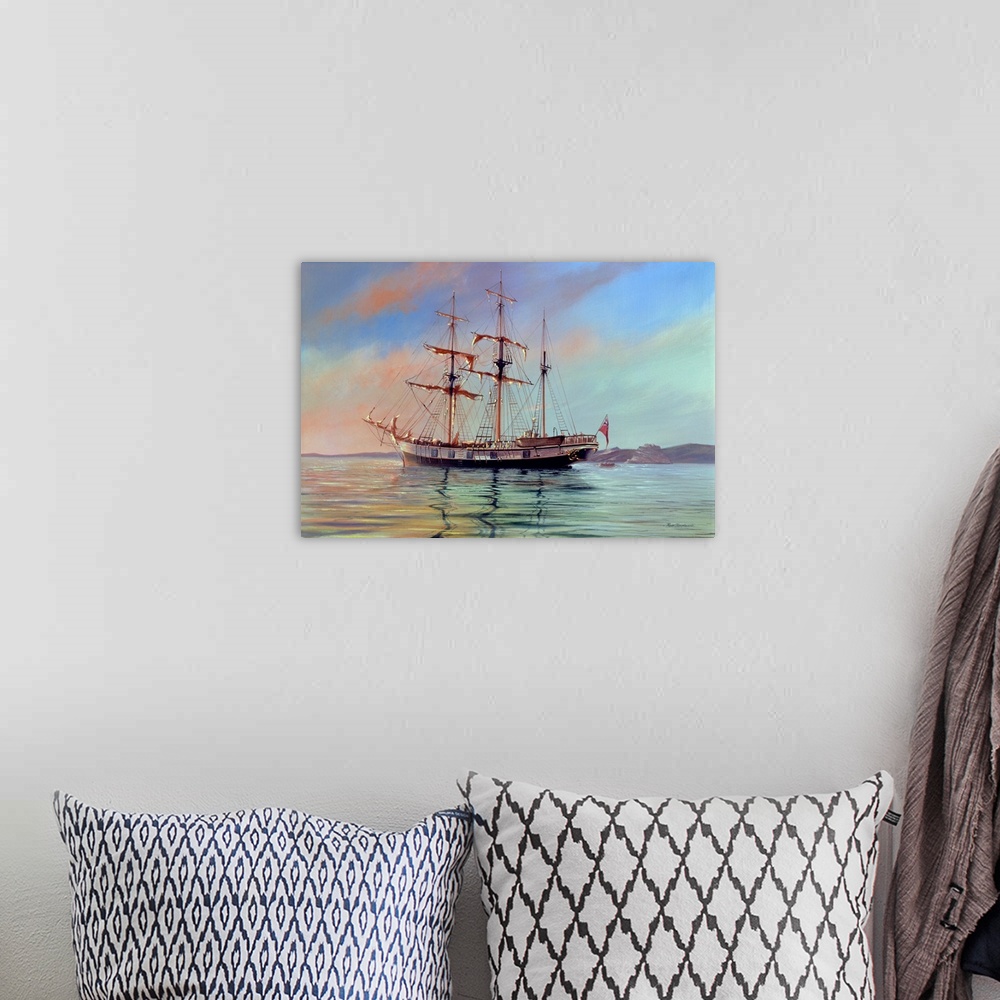 A bohemian room featuring Painting of of an old naval vessel traversing the open sea.