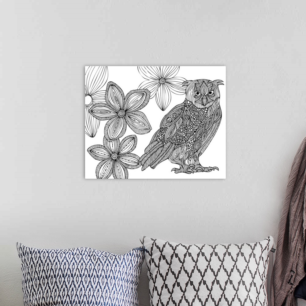 A bohemian room featuring Contemporary line art of an ornately patterned owl and flowers against a white background.