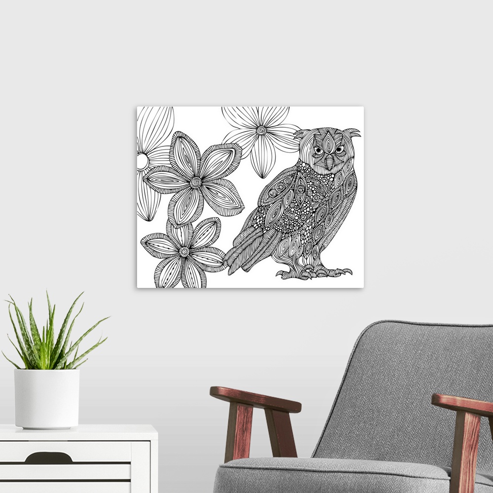 A modern room featuring Contemporary line art of an ornately patterned owl and flowers against a white background.