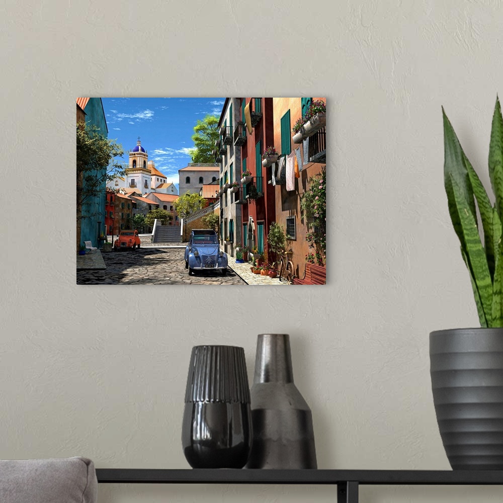A modern room featuring Bright colored cars and buildings line a stone street and photographed during a sunny day.