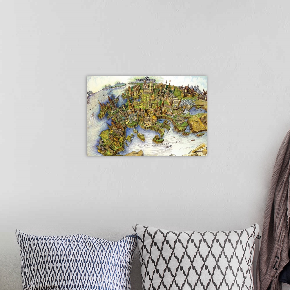 A bohemian room featuring Educational illustration of a birds eye view of a global map of the Mediterranean.