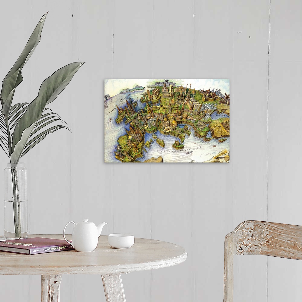 A farmhouse room featuring Educational illustration of a birds eye view of a global map of the Mediterranean.