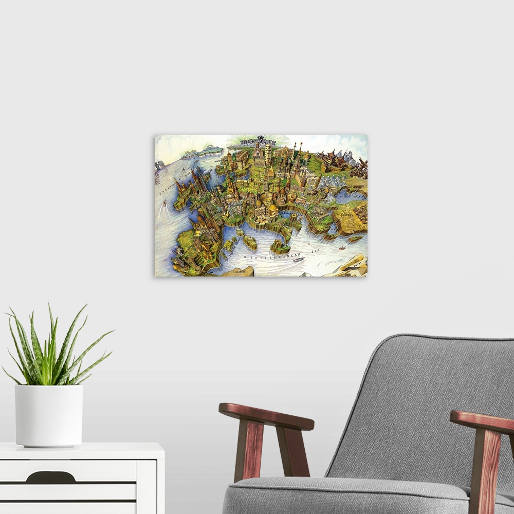 A modern room featuring Educational illustration of a birds eye view of a global map of the Mediterranean.