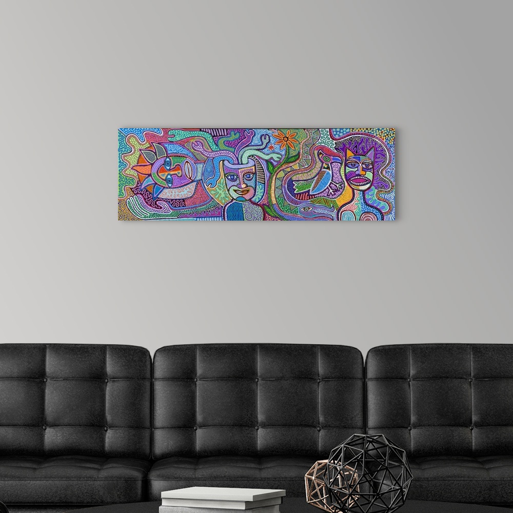 A modern room featuring Contemporary aboriginal inspired artwork with bright colors and intricate detail.
