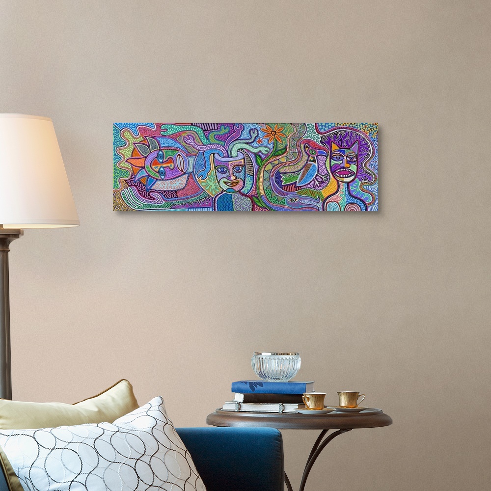 A traditional room featuring Contemporary aboriginal inspired artwork with bright colors and intricate detail.