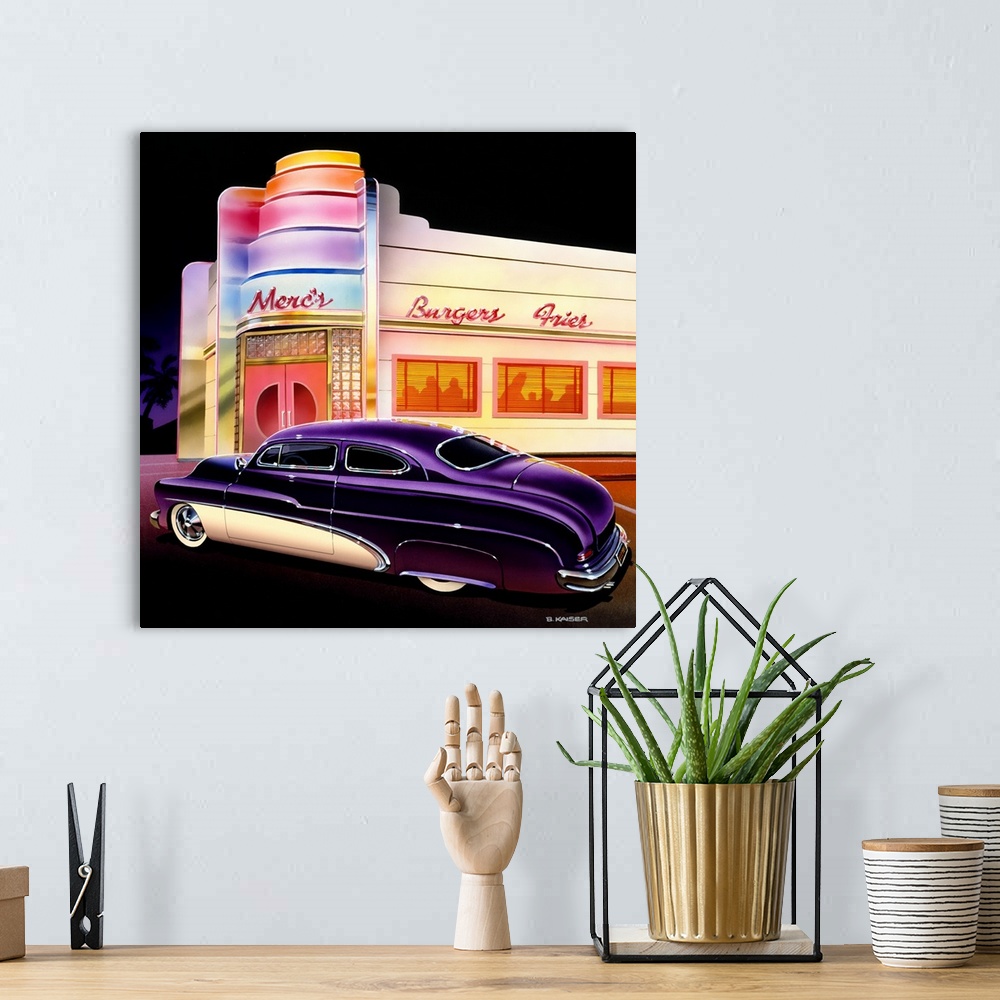 A bohemian room featuring Stylized 50's Miami or Hollywood Burger joint in with a customized 1950 Mercury