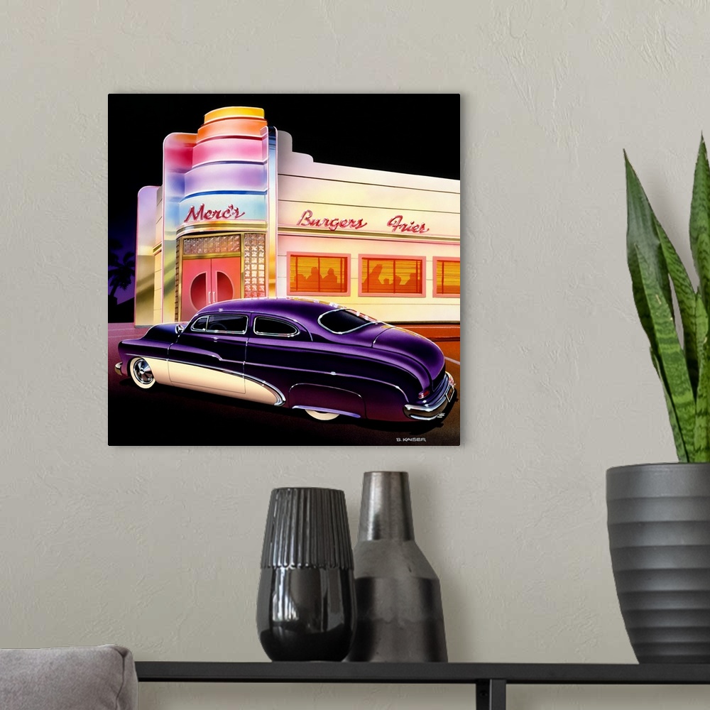 A modern room featuring Stylized 50's Miami or Hollywood Burger joint in with a customized 1950 Mercury