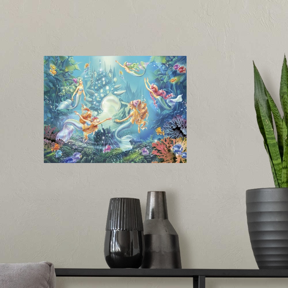 A modern room featuring mermaids, underwater, fish, fantasy