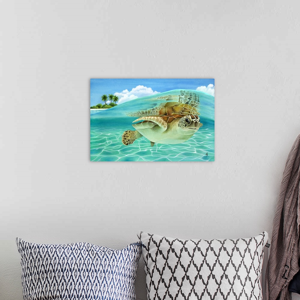 A bohemian room featuring Watercolor painting of a sea turtle under a crystal blue wave with an island in the background.