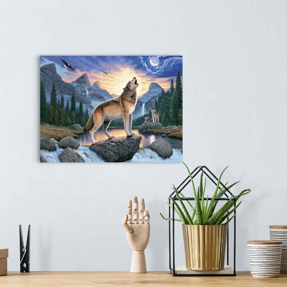 A bohemian room featuring Fantasy style artwork of a wolf standing on a rock in a rapid howling at the moon that is peaking...