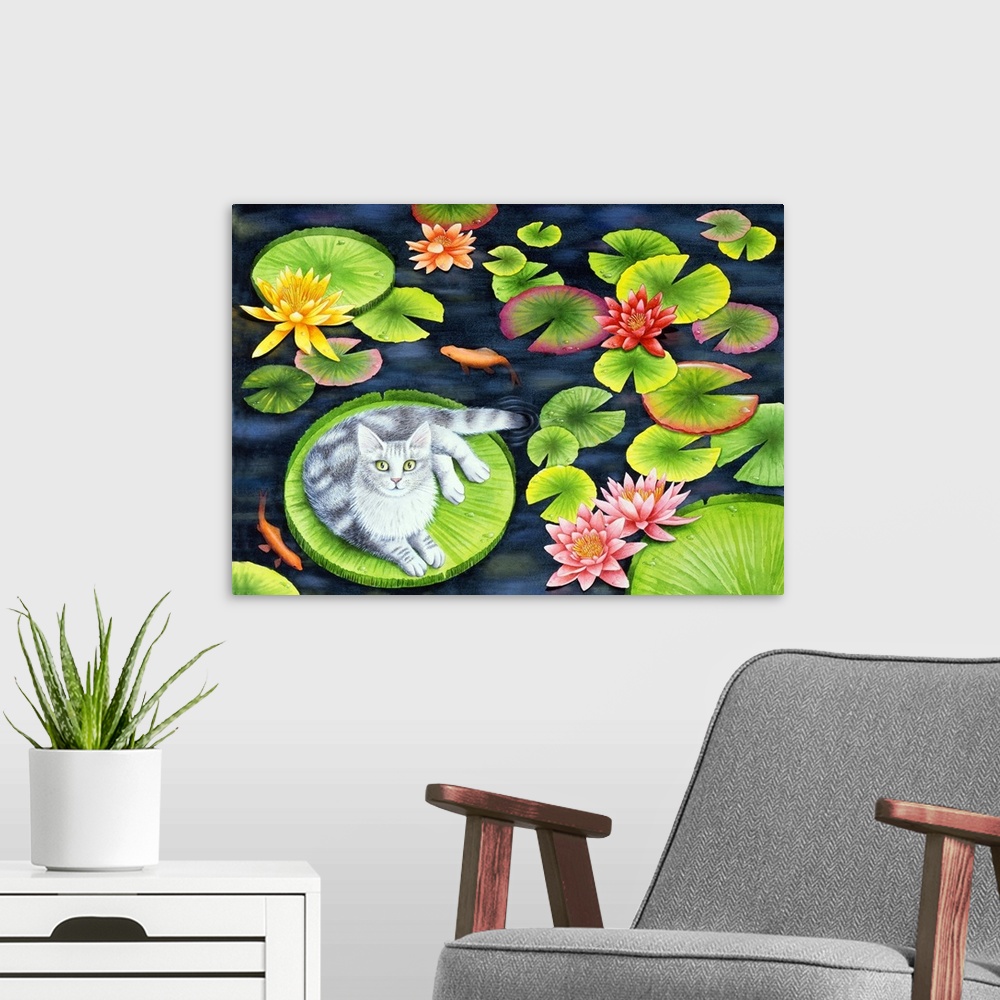 A modern room featuring Artwork of a gray cat laying on a big lily pad in a koi pond.