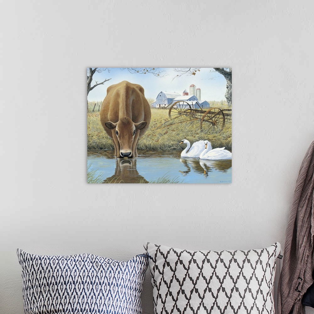 A bohemian room featuring Contemporary painting of a cow drinking from a stream while swans float by.