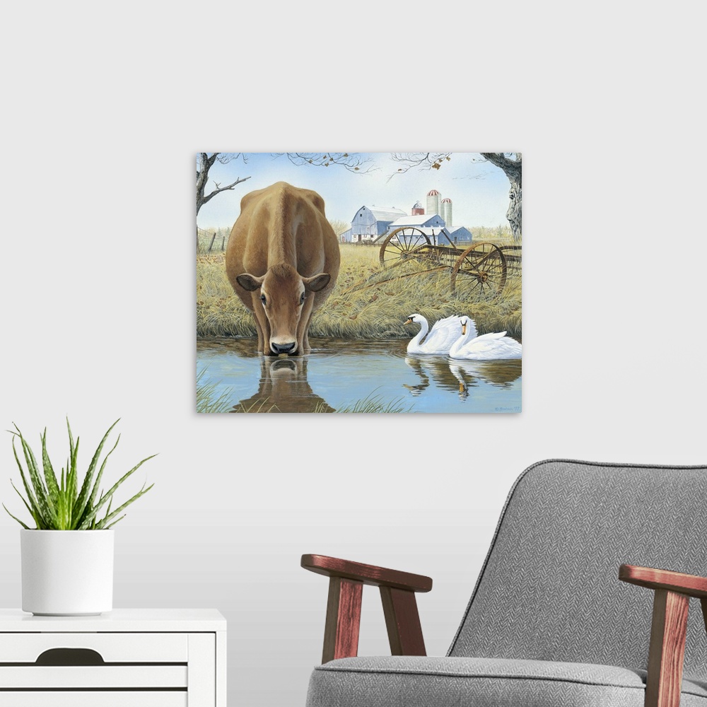 A modern room featuring Contemporary painting of a cow drinking from a stream while swans float by.