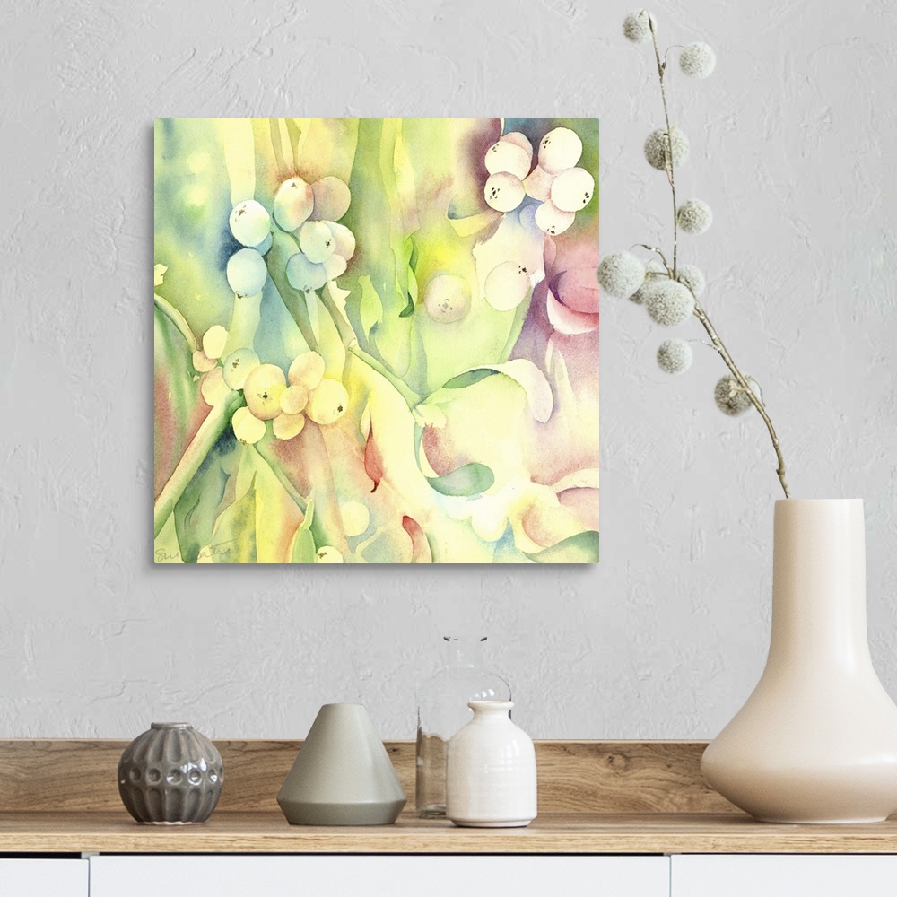 A farmhouse room featuring Contemporary watercolor painting of brightly colored flowers.