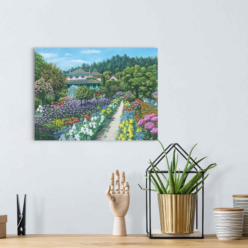 A bohemian room featuring Contemporary artwork of a flower filled garden.