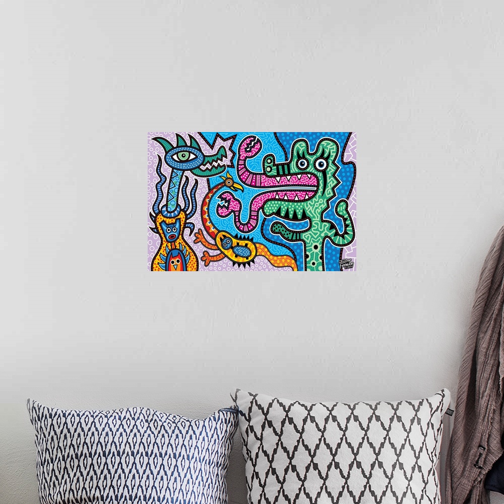A bohemian room featuring Contemporary aboriginal inspired artwork with bright colors and intricate detail.
