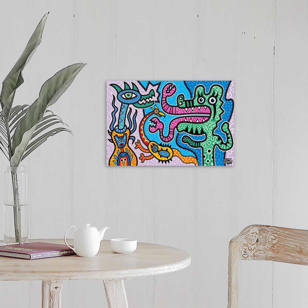 A farmhouse room featuring Contemporary aboriginal inspired artwork with bright colors and intricate detail.