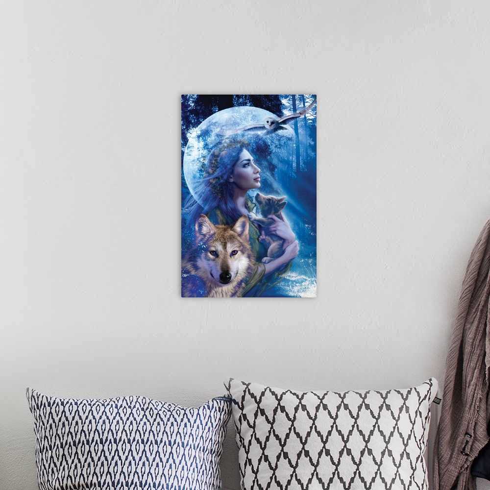 A bohemian room featuring Native American artwork of the profile of a woman with long hair, holding a wolf cub as she looks...