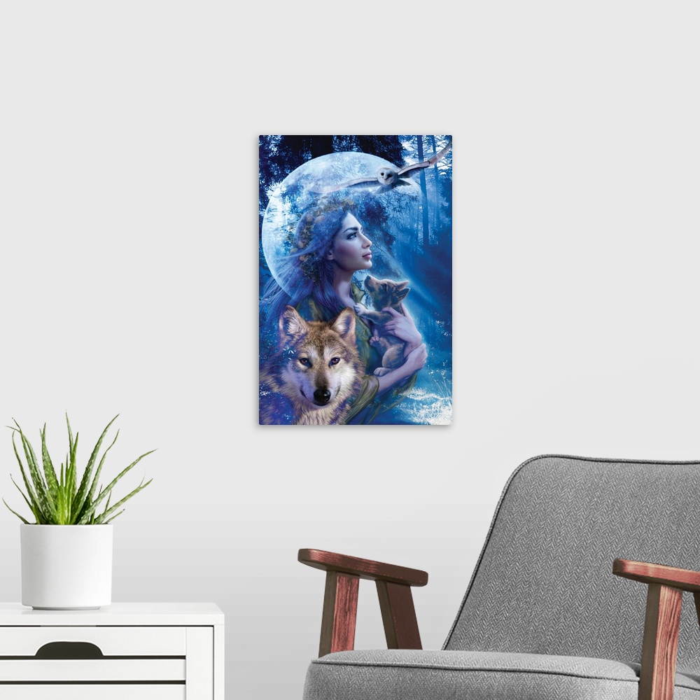 A modern room featuring Native American artwork of the profile of a woman with long hair, holding a wolf cub as she looks...